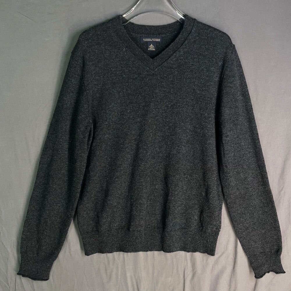 VNTG Banana Republic Mens S Sweater Lambswool Cashmere Gray Elbow Pads V-Neck